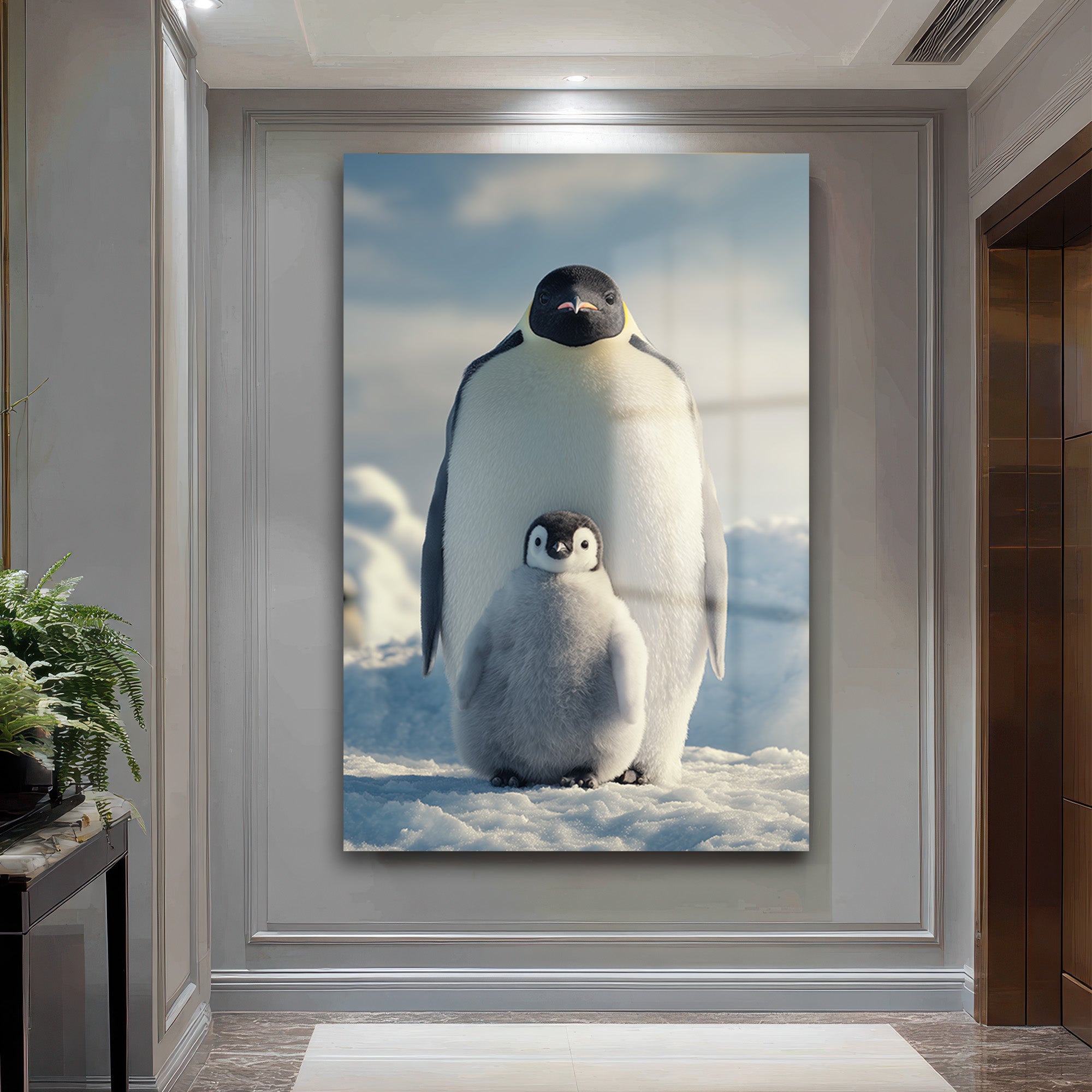 Anne ve Yavru Penguen Cam Tablo - Kutup Ailesi Sanatı