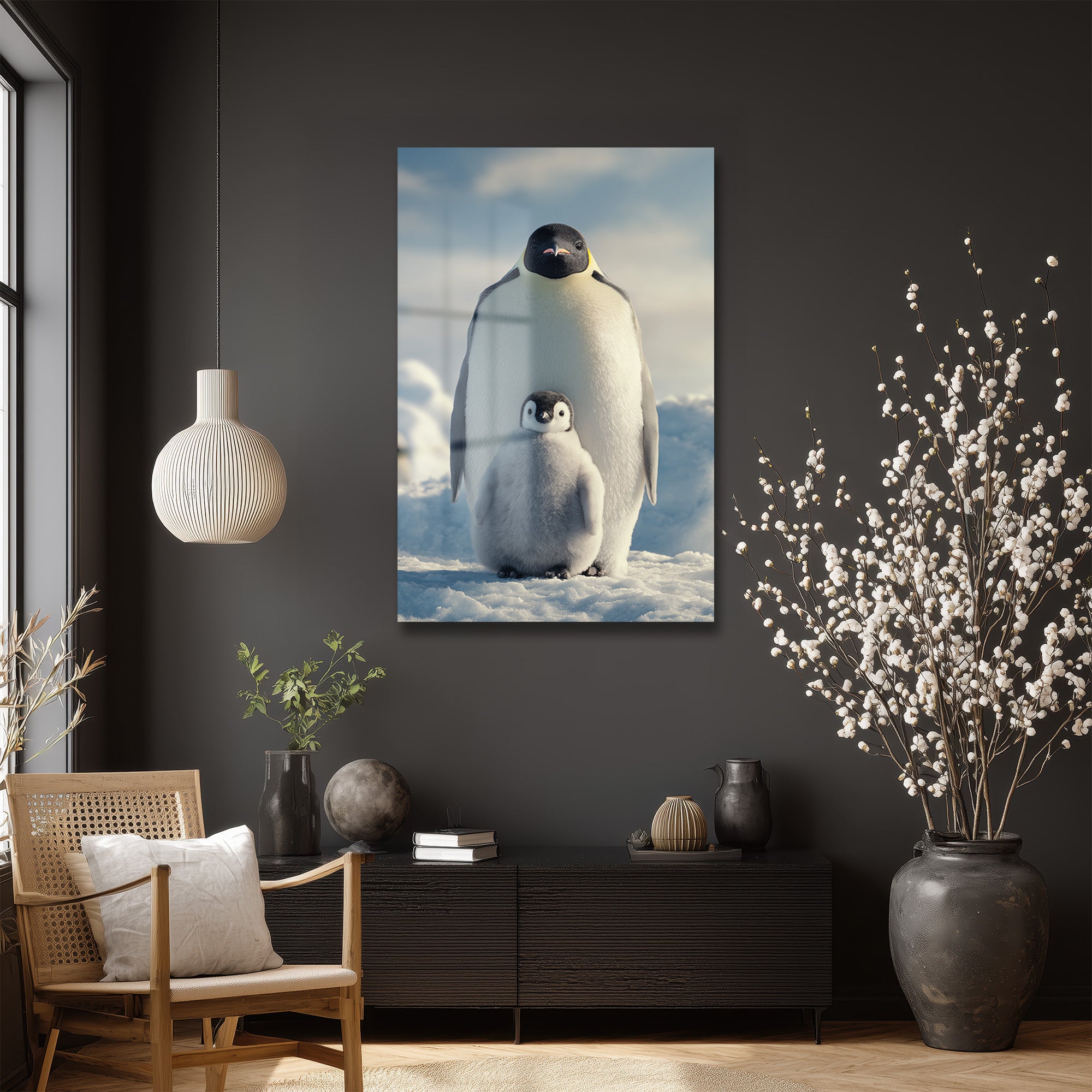 Anne ve Yavru Penguen Cam Tablo - Kutup Ailesi Sanatı