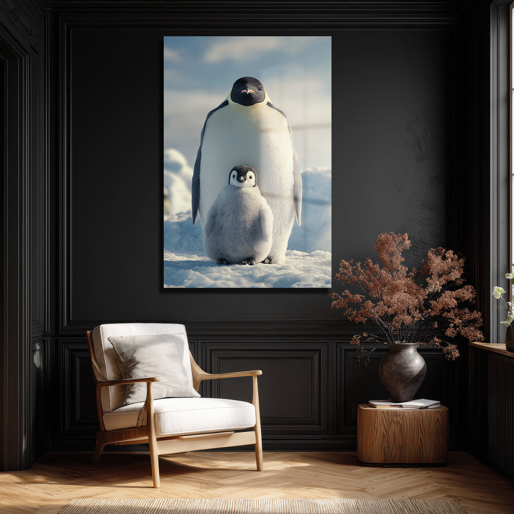 Anne ve Yavru Penguen Cam Tablo - Kutup Ailesi Sanatı