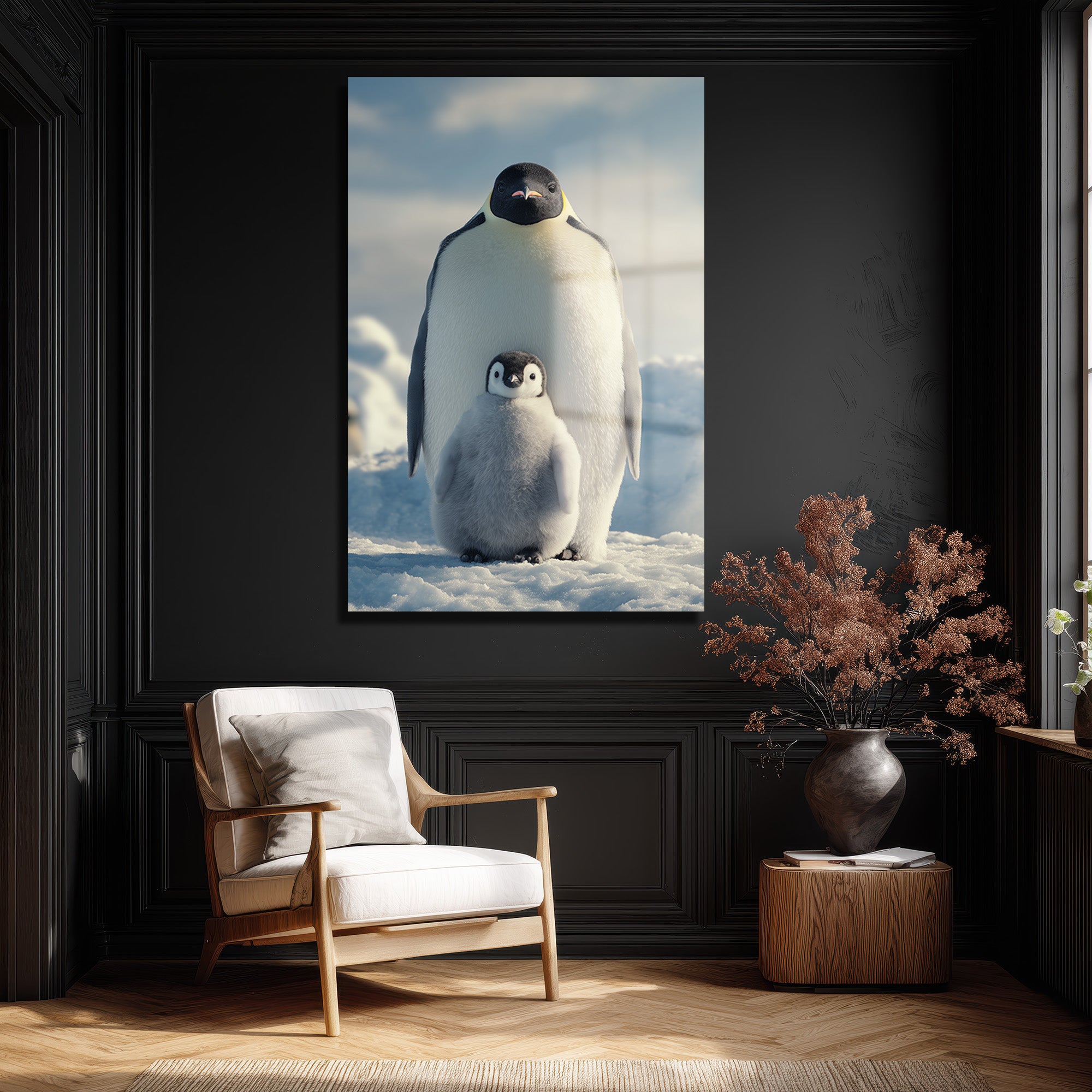 Anne ve Yavru Penguen Cam Tablo - Kutup Ailesi Sanatı