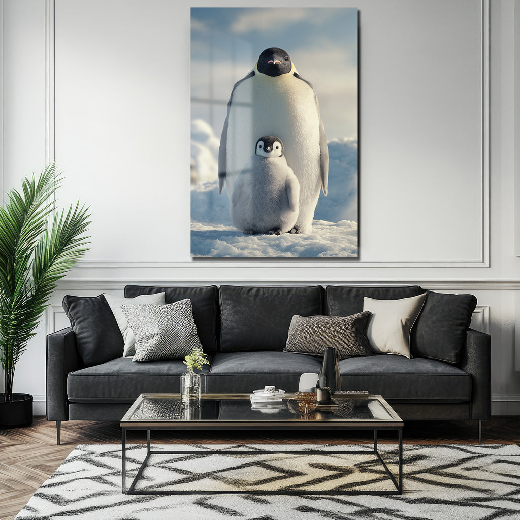 Anne ve Yavru Penguen Cam Tablo - Kutup Ailesi Sanatı