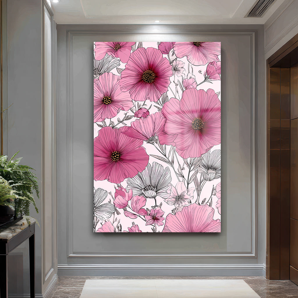 Canlı Pembe Çiçekler Cam Tablo - Modern Sanat Duvar Dekoru