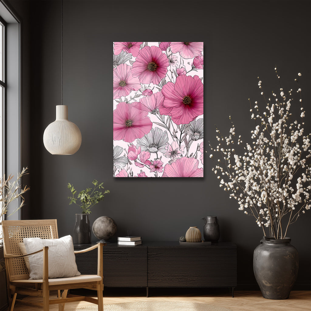 Canlı Pembe Çiçekler Cam Tablo - Modern Sanat Duvar Dekoru