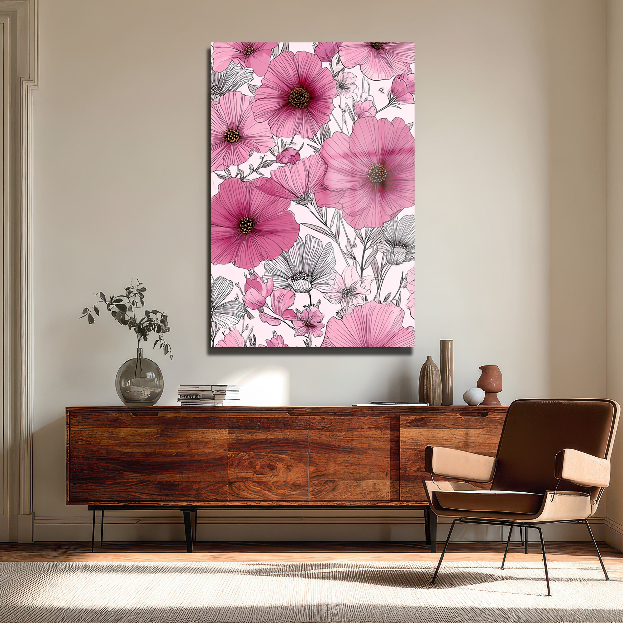 Canlı Pembe Çiçekler Cam Tablo - Modern Sanat Duvar Dekoru