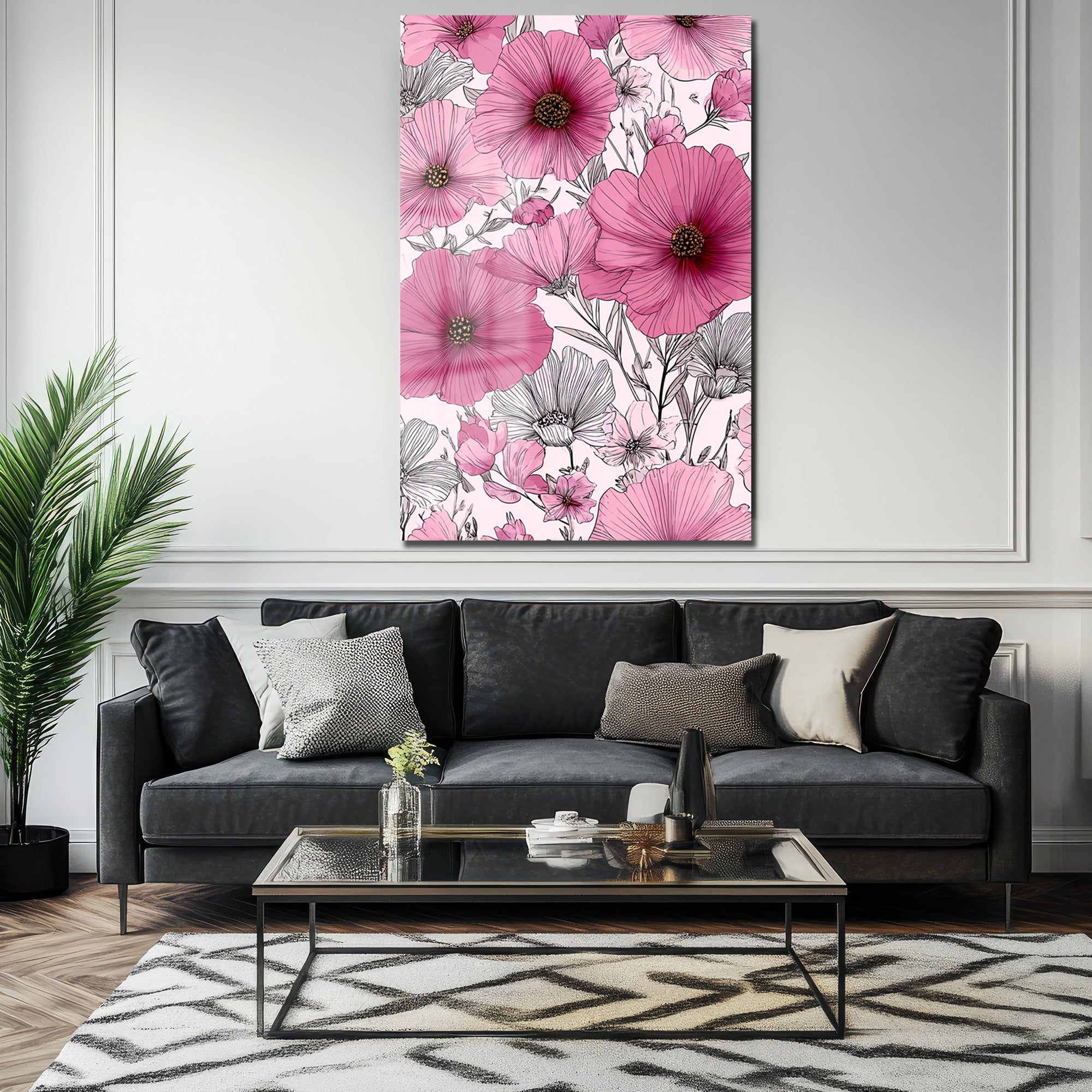 Canlı Pembe Çiçekler Cam Tablo - Modern Sanat Duvar Dekoru