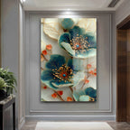 Lüks Zümrüt Yeşili ve Altın Detaylı Soyut Çiçekler Cam Tablo