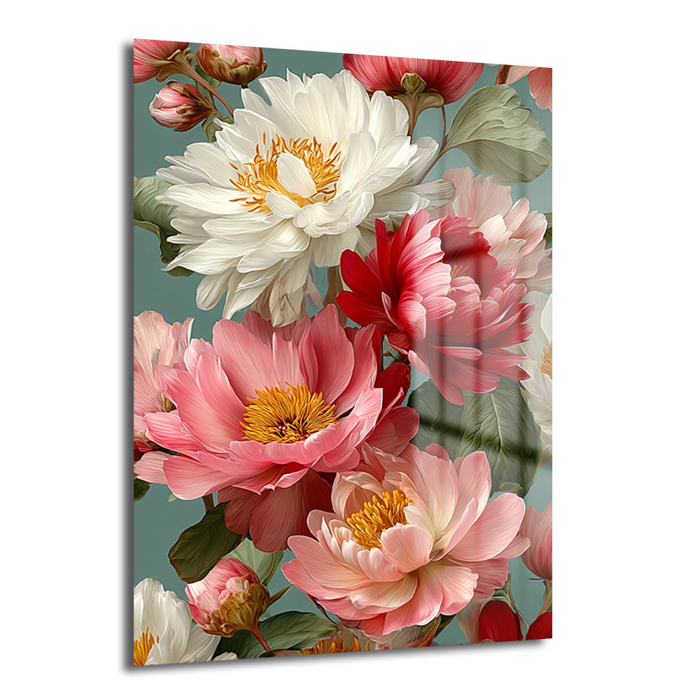 Pastel pembe, beyaz ve kırmızı şakayık çiçeklerinin yeşilimsi turkuaz arka plan üzerinde yer aldığı, modern ve sanatsal bir cam tablo görseli.