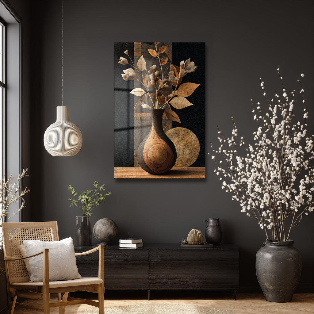 Doğal Dokular ve Şık Vazo Tasarımlı Modern Cam Tablo
