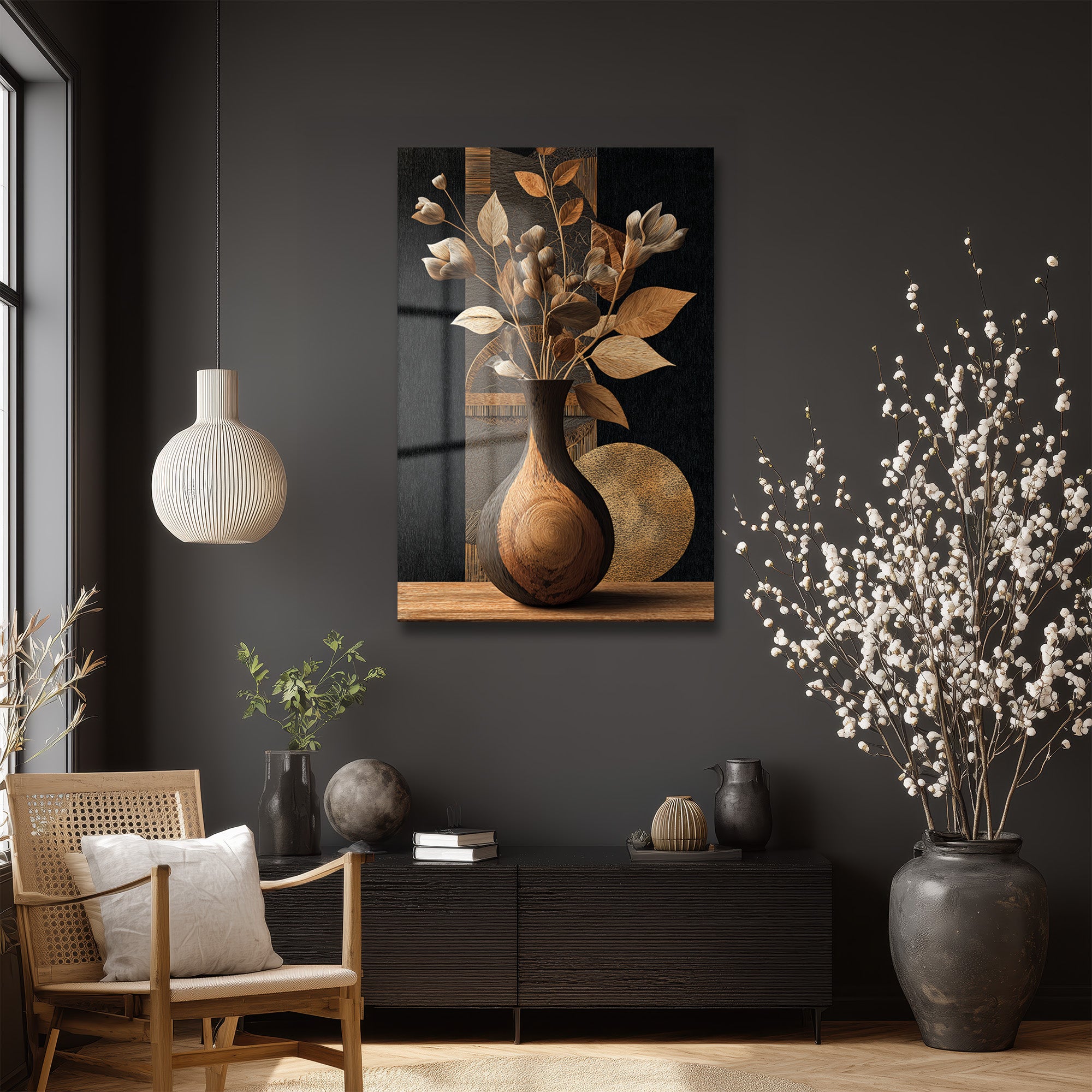 Doğal Dokular ve Şık Vazo Tasarımlı Modern Cam Tablo