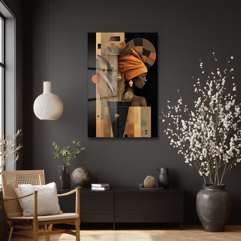 Altın Dokunuşlu Modern Kadın Portresi Cam Tablo