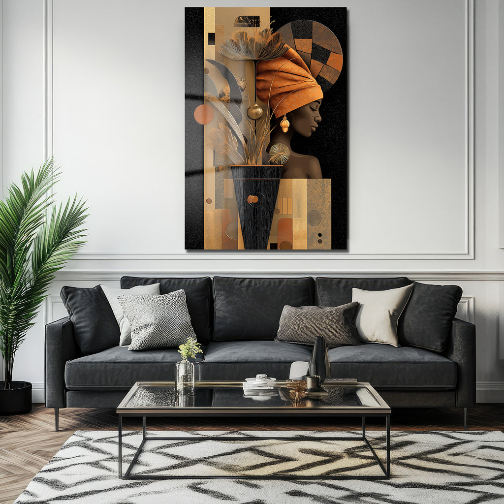 Altın Dokunuşlu Modern Kadın Portresi Cam Tablo