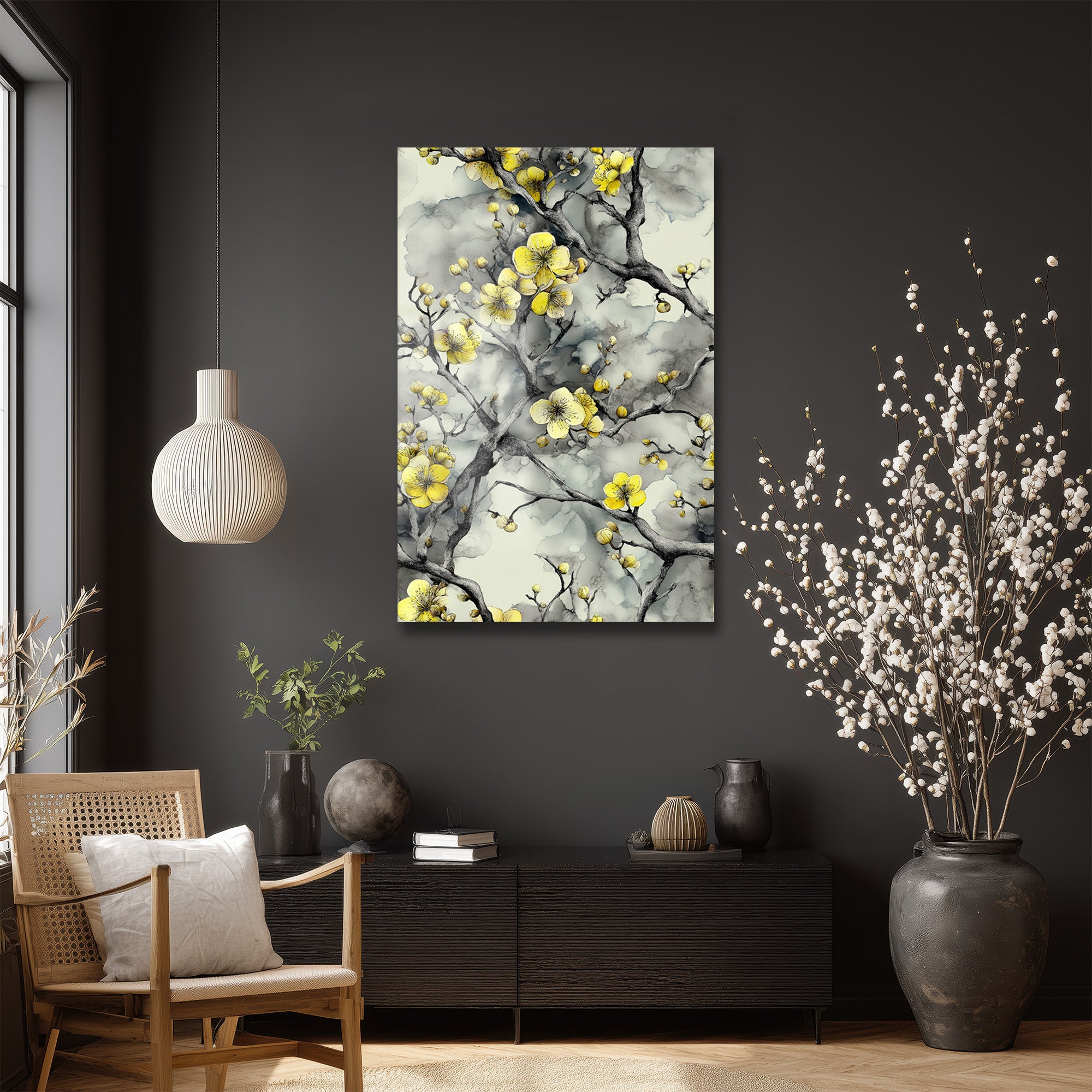 Sarı Çiçekler ve Gri Dallar Modern Cam Tablo