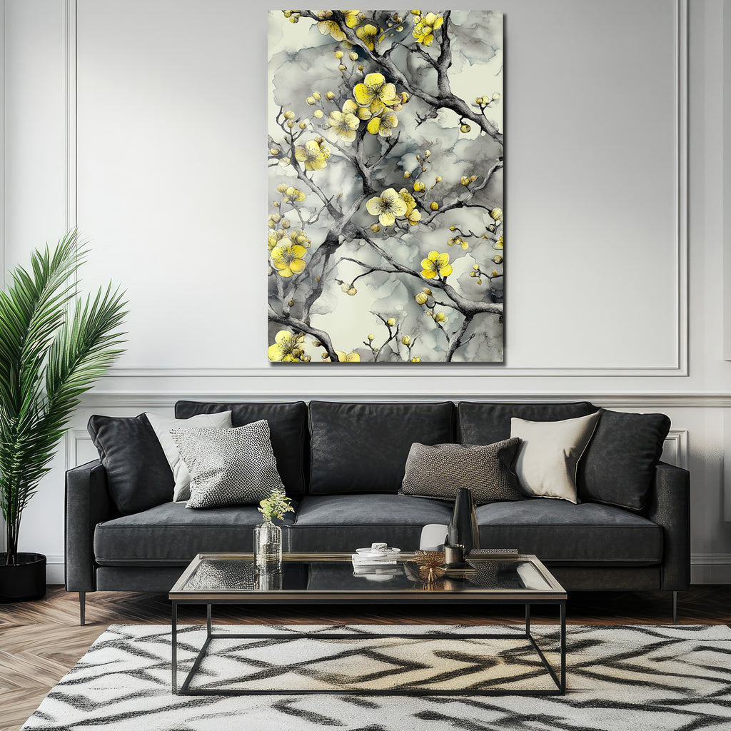 Sarı Çiçekler ve Gri Dallar Modern Cam Tablo