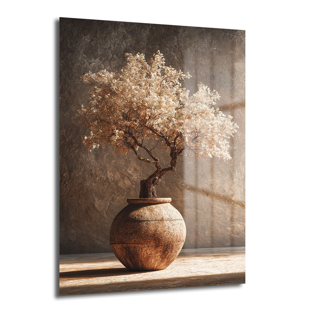 Toprak tonlarında dokulu bir duvara yaslanmış, rustik bir saksı içinde bej yapraklı minyatür bir ağaç (bonsai) bulunan dikey cam tablo. Sağdan gelen güneş ışığı duvara ve zemine çizgili gölgeler düşürüyor.