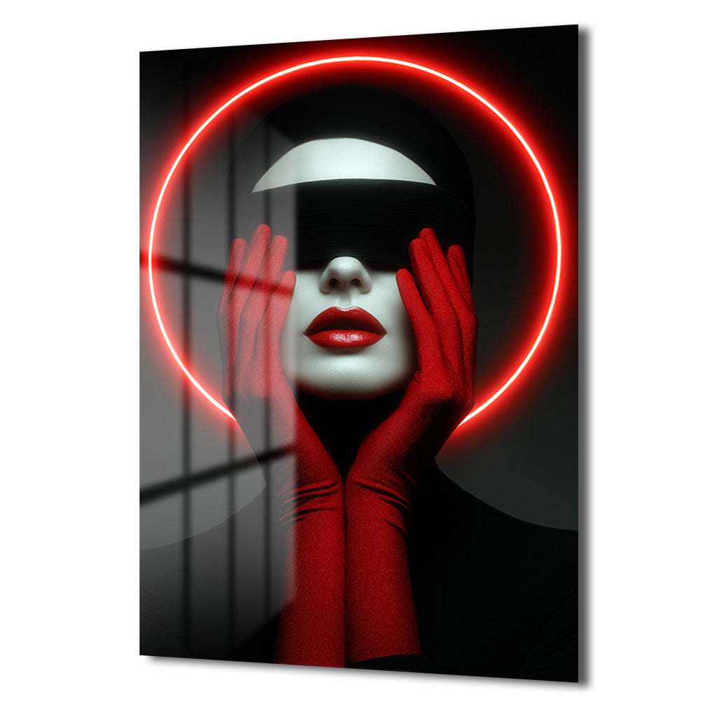Kırmızı Neon Çemberli Gizemli Portre Cam Tablo