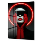 Kırmızı Neon Çemberli Gizemli Portre Cam Tablo