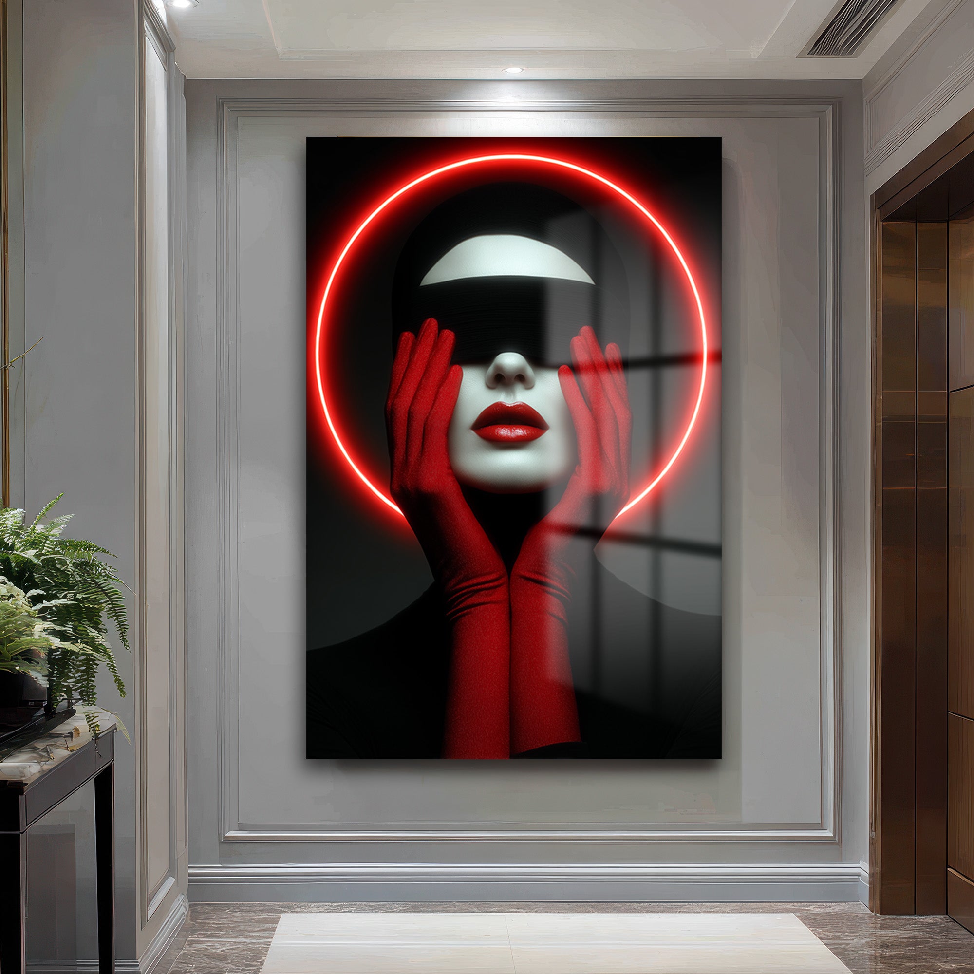 Kırmızı Neon Çemberli Gizemli Portre Cam Tablo