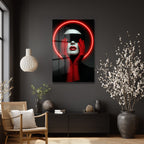 Kırmızı Neon Çemberli Gizemli Portre Cam Tablo