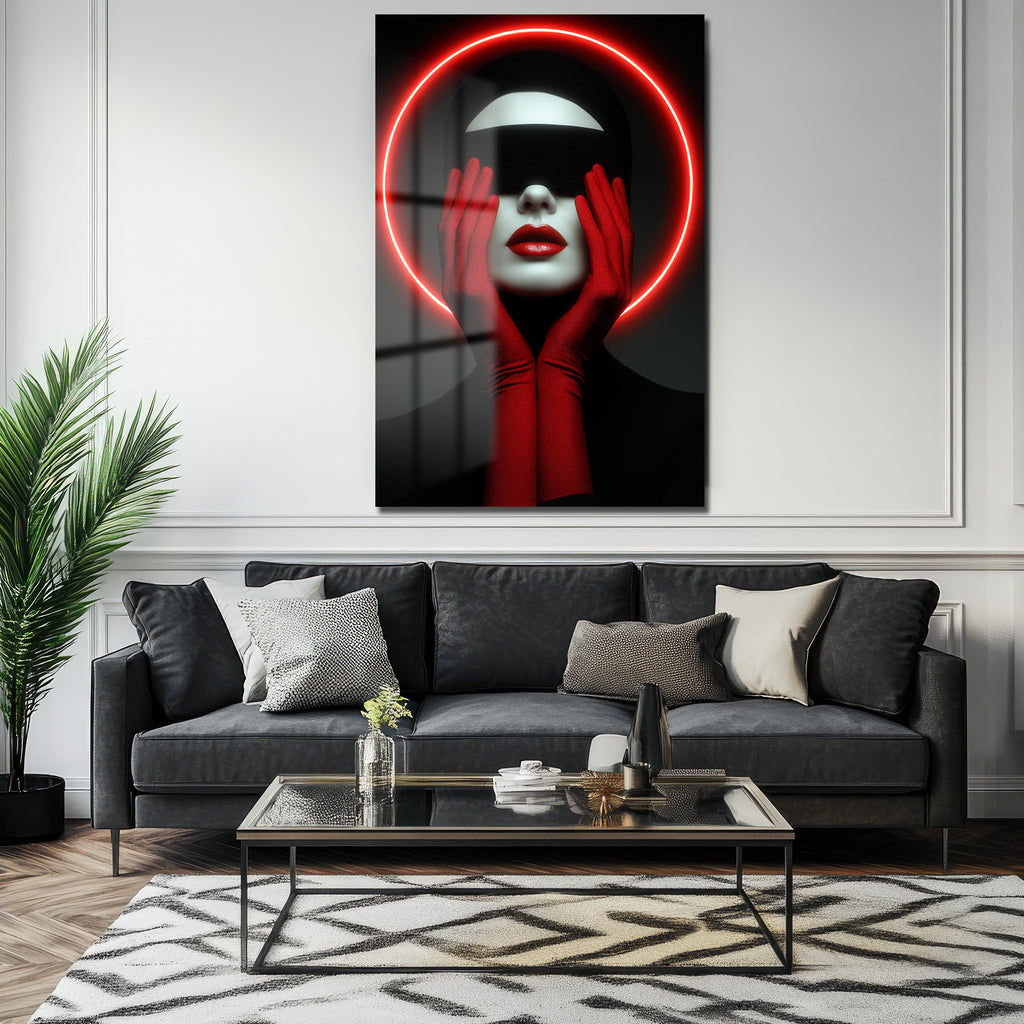 Kırmızı Neon Çemberli Gizemli Portre Cam Tablo