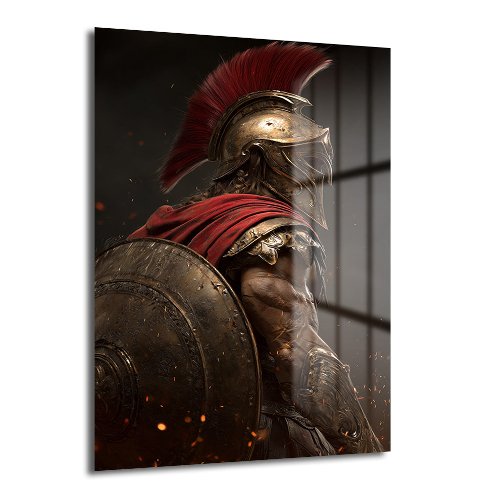 Kırmızı sorguçlu altın miğferli, kırmızı pelerinli ve bronz kalkanlı bir Sparta savaşçısının arkadan görüldüğü, koyu arka plan üzerinde kıvılcımların yükseldiği dramatik cam tablo.