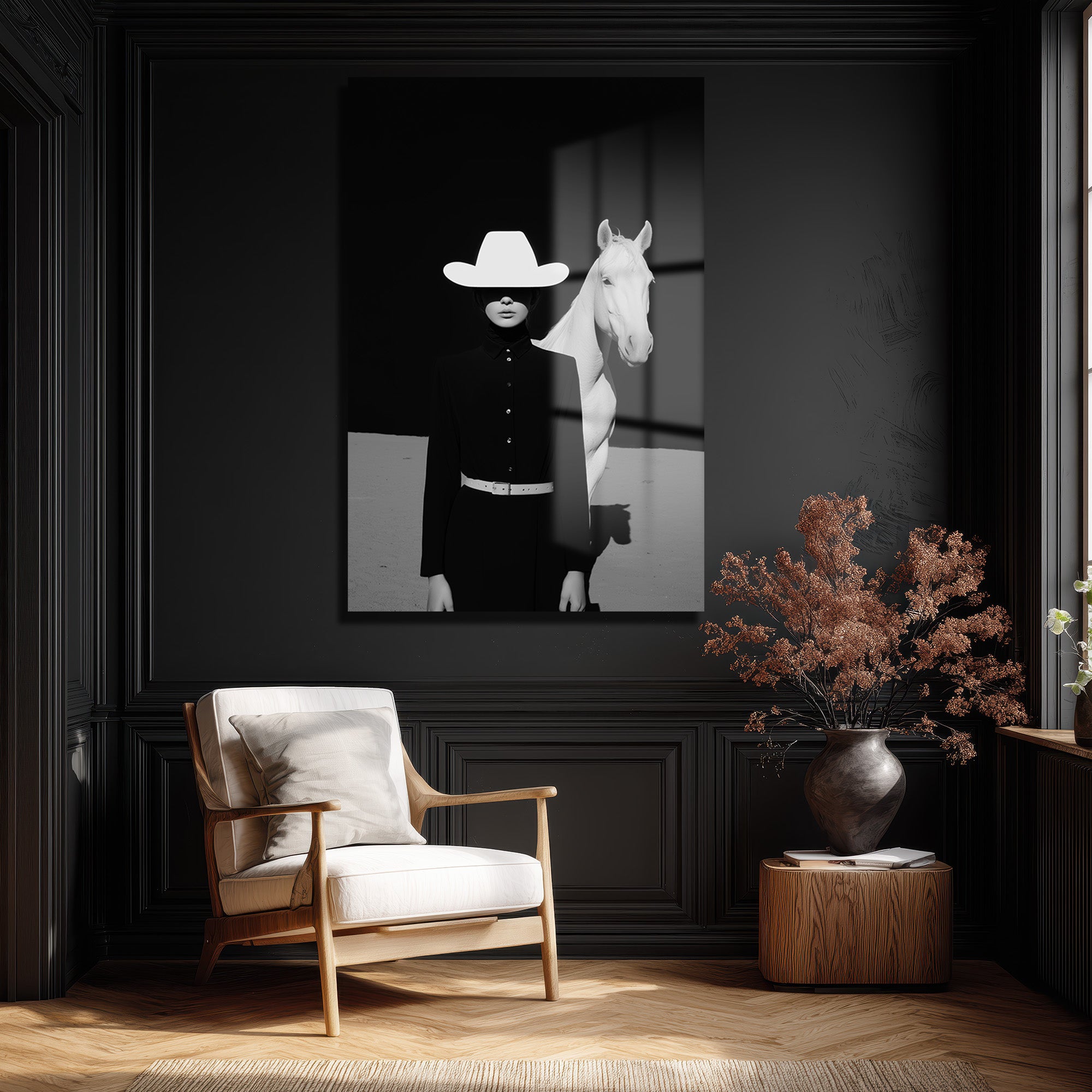 Gizemli Kovboy ve Beyaz At Modern Sanat Cam Tablo