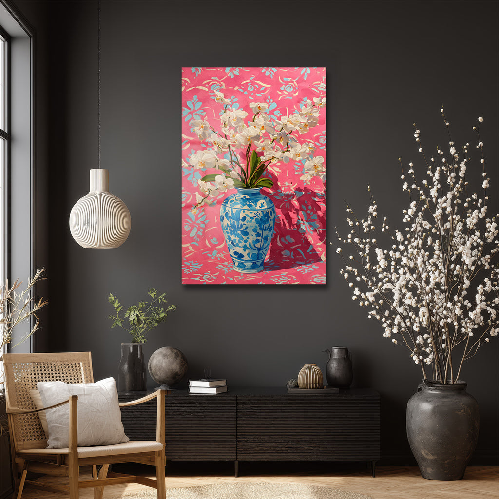 Canlı Pembe ve Mavi Orkide Vazosu Modern Cam Tablo