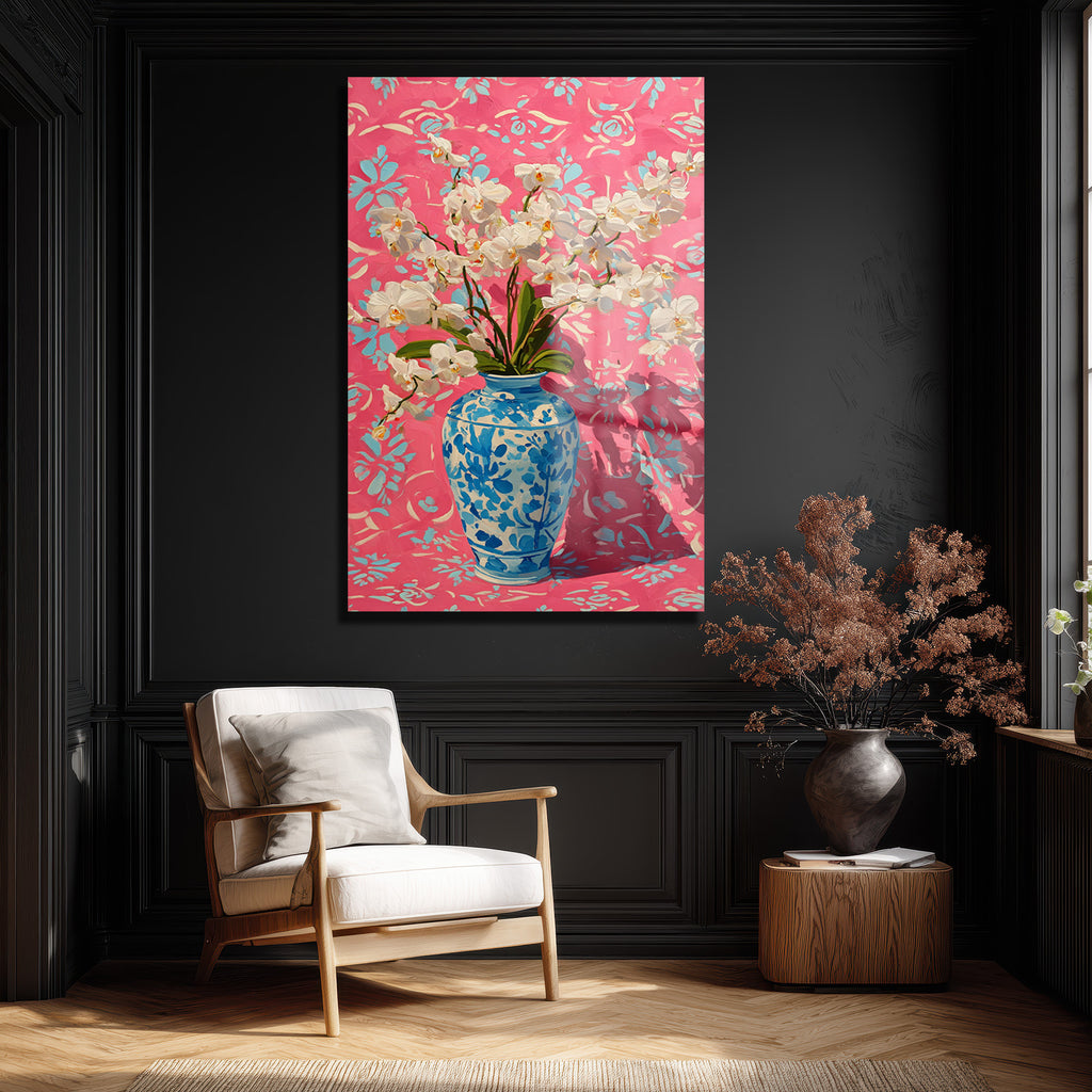 Canlı Pembe ve Mavi Orkide Vazosu Modern Cam Tablo