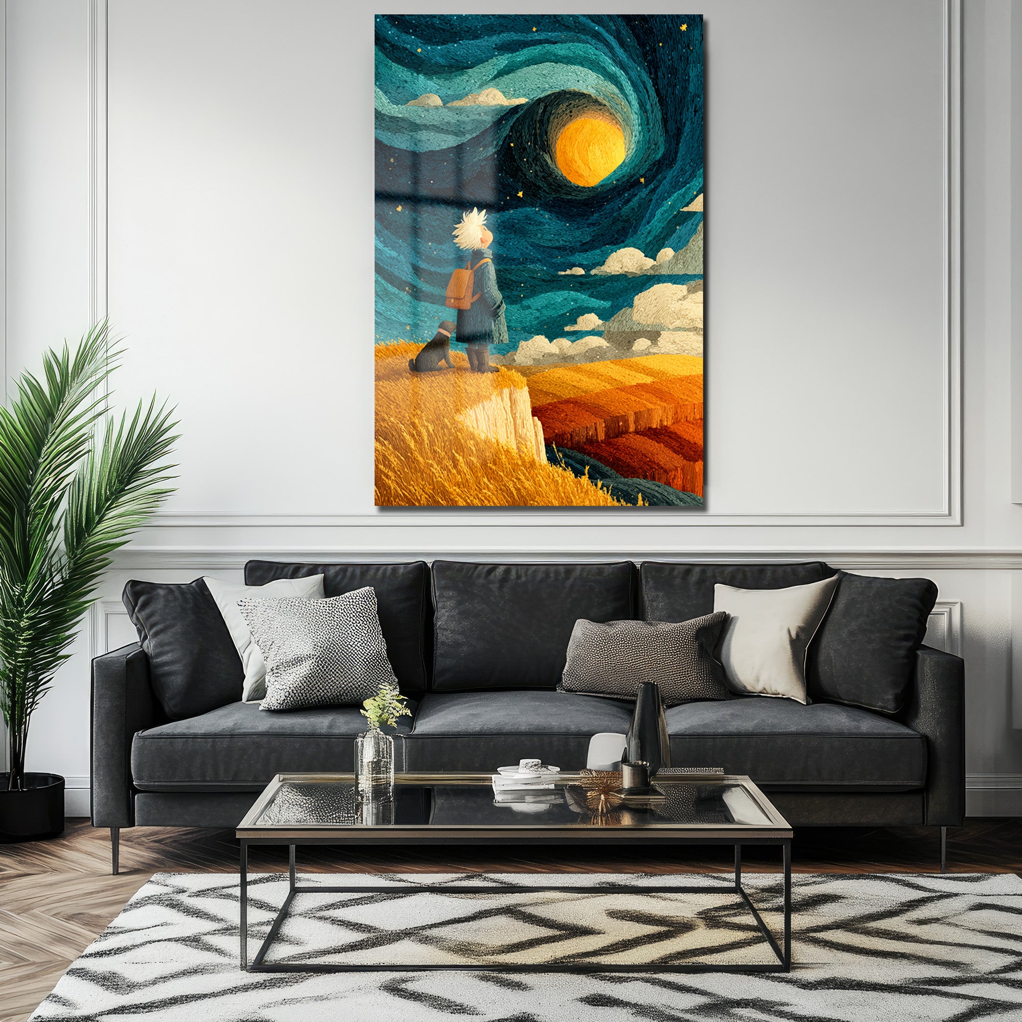 Yıldızlı Gecenin Rüyası Cam Tablo - Çocuk ve Köpek Manzarası
