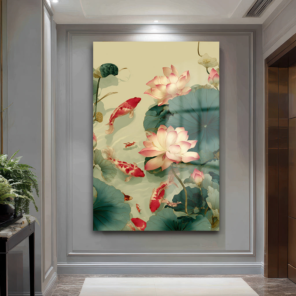 Lotus ve Koi Balıkları Cam Tablo - Huzurlu Su Bahçesi Sanatı