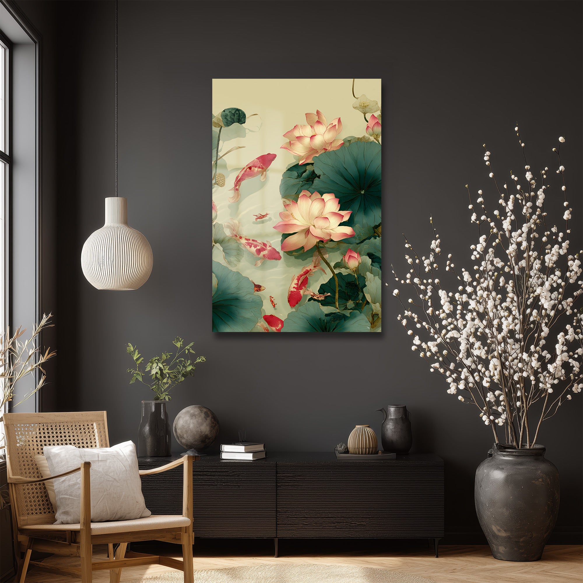 Lotus ve Koi Balıkları Cam Tablo - Huzurlu Su Bahçesi Sanatı