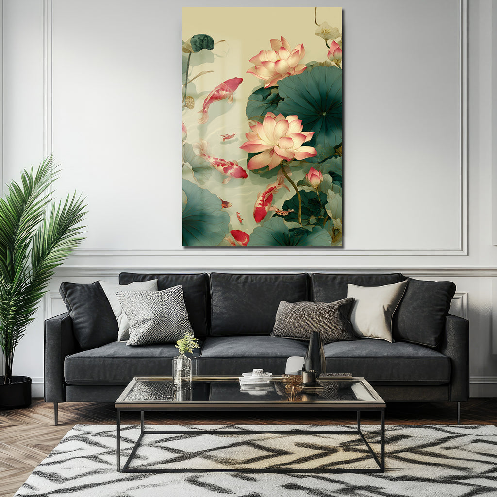 Lotus ve Koi Balıkları Cam Tablo - Huzurlu Su Bahçesi Sanatı