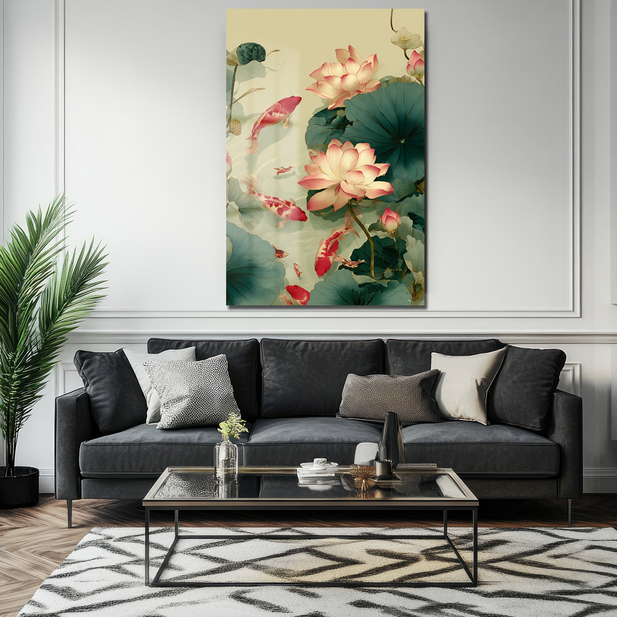 Lotus ve Koi Balıkları Cam Tablo - Huzurlu Su Bahçesi Sanatı