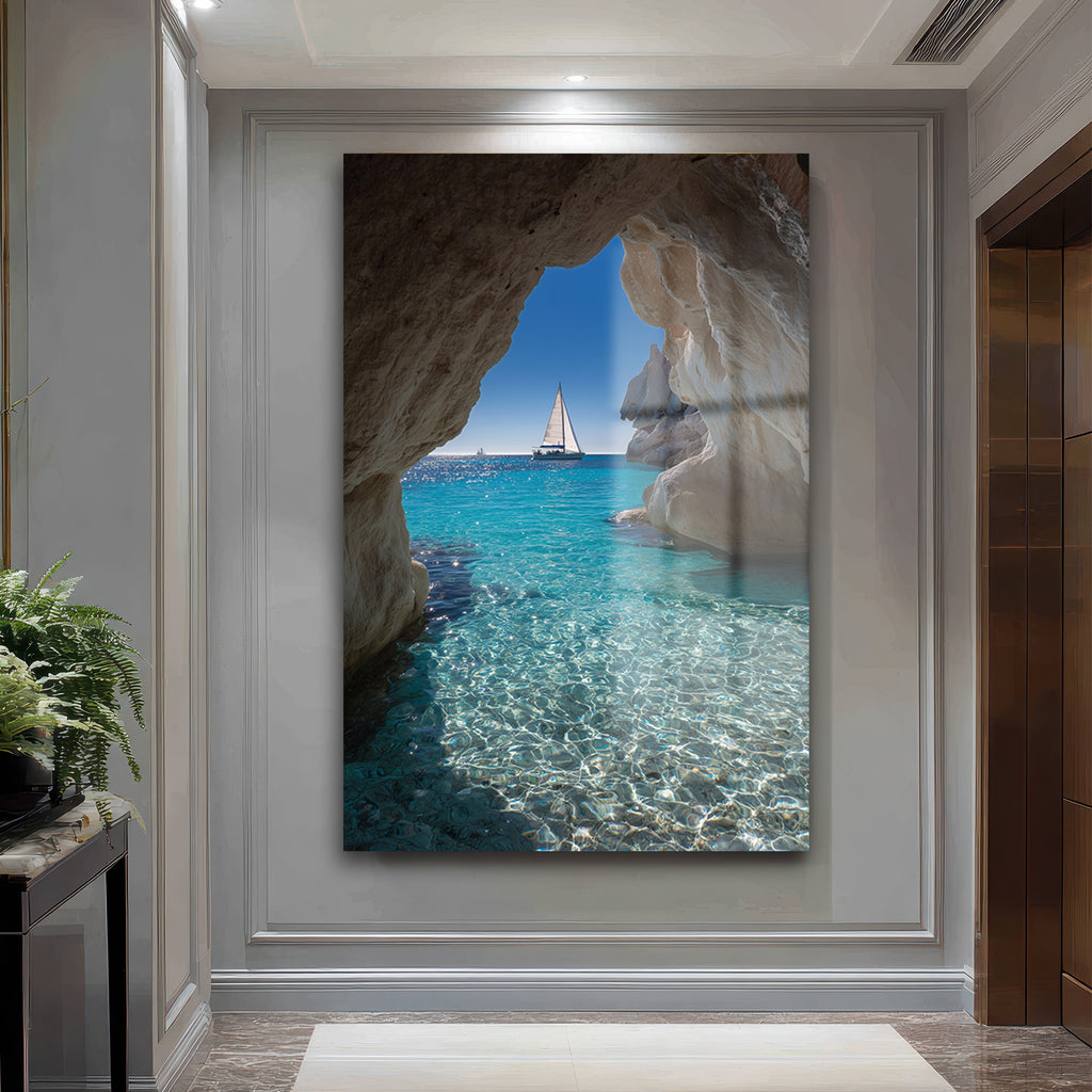 Mağaradan Okyanus Manzarası Yelkenli Cam Tablo