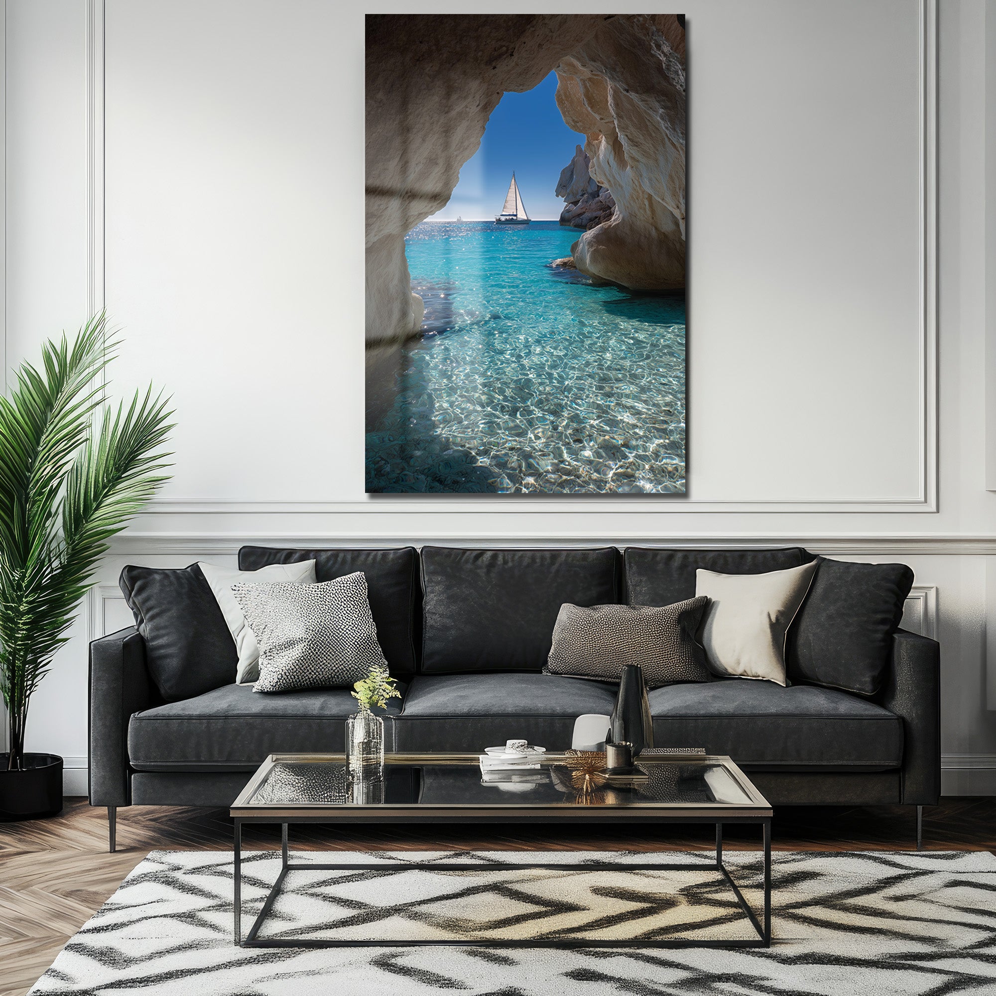 Mağaradan Okyanus Manzarası Yelkenli Cam Tablo