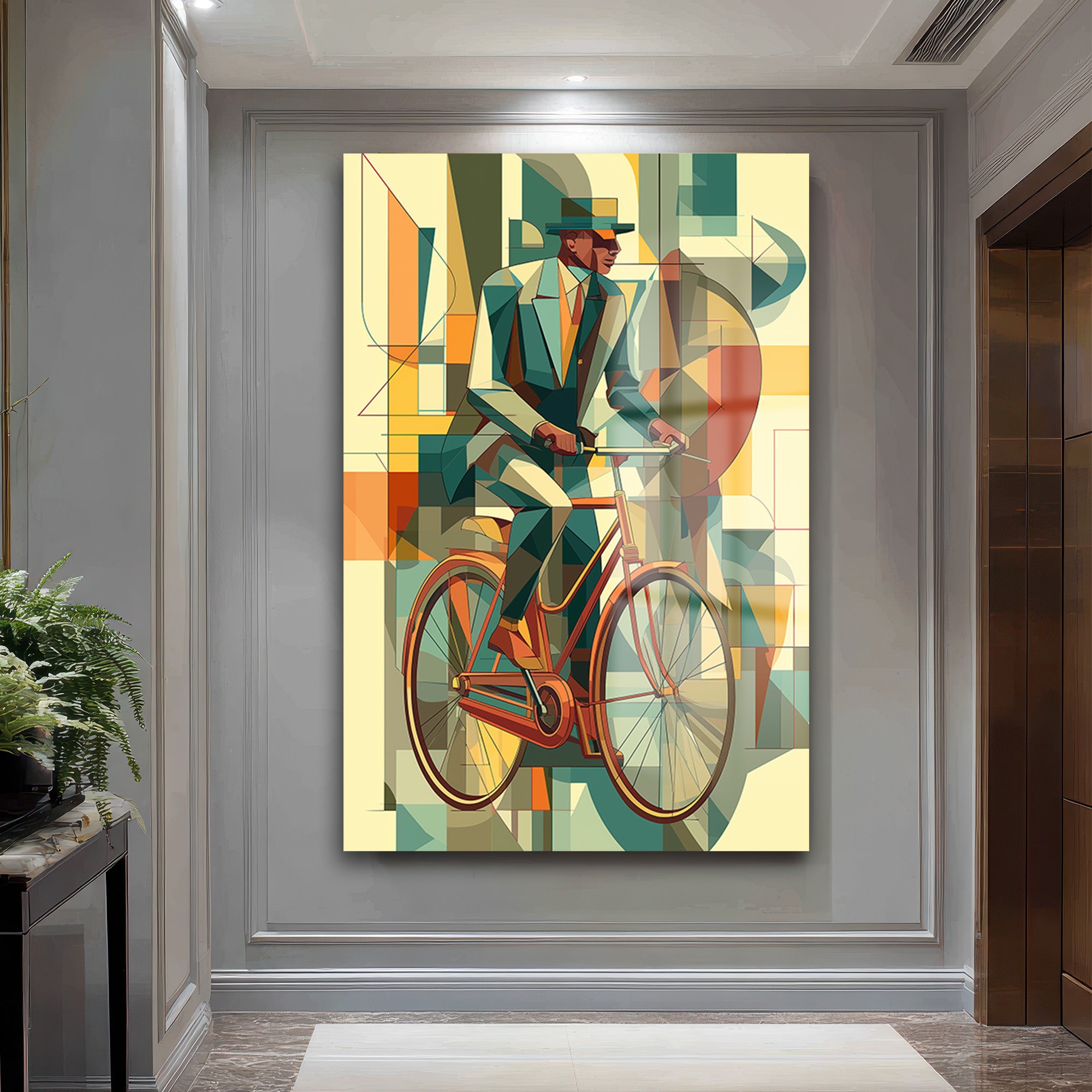 Art Deco Bisikletli Adam Temalı Modern Cam Tablo