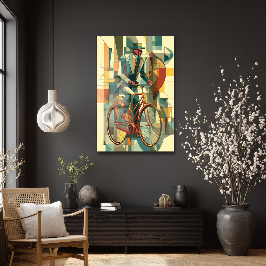 Art Deco Bisikletli Adam Temalı Modern Cam Tablo