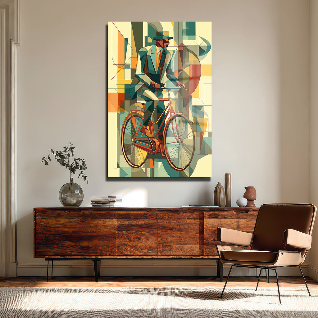 Art Deco Bisikletli Adam Temalı Modern Cam Tablo