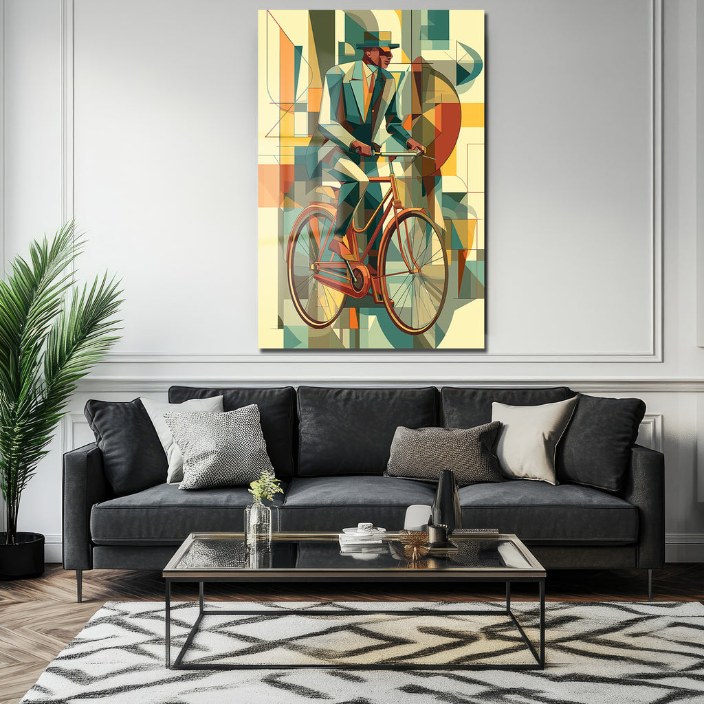 Art Deco Bisikletli Adam Temalı Modern Cam Tablo