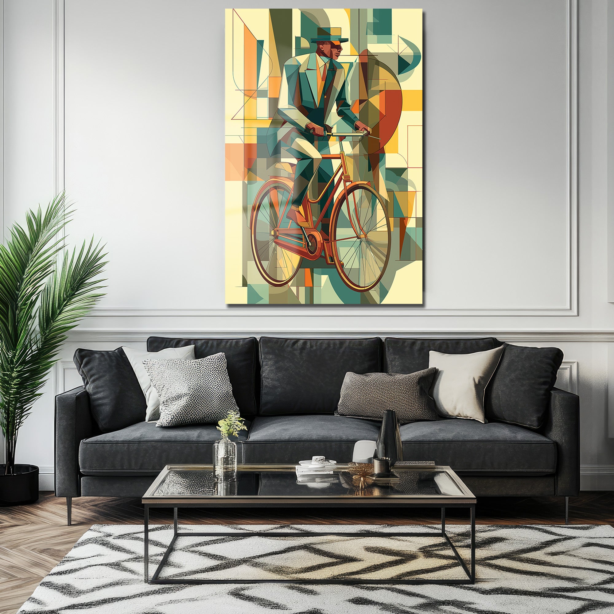Art Deco Bisikletli Adam Temalı Modern Cam Tablo