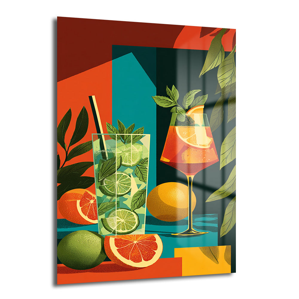 Canlı renklerde, geometrik arka plana sahip iki kokteyl kadehi ve narenciye dilimleri içeren modern illüstrasyon cam tablo. Bir kadehte misket limonu ve nane yaprakları, diğerinde portakal dilimi ve amber rengi içecek bulunuyor. Etrafta bütün narenciyeler ve yeşil yapraklar.