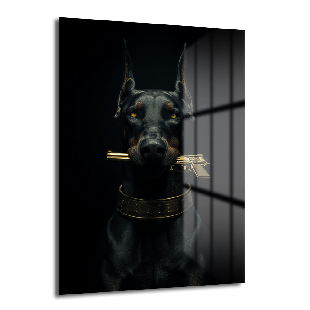 Karanlık bir arka plan önünde duran, altın rengi bir tabancayı ağzında tutan ve parlayan sarı gözleri olan siyah bir Doberman köpeği cam tablo