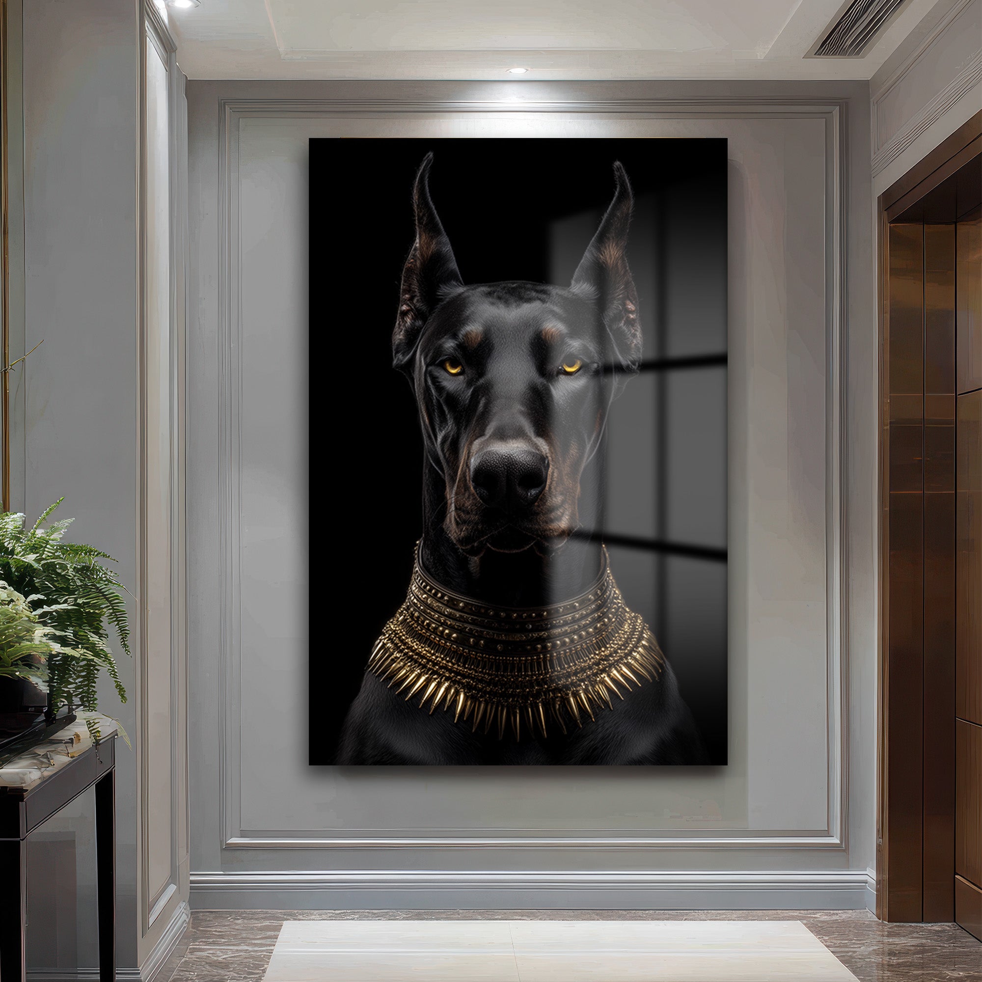 Asil Doberman Altın Yaka Cam Tablo - Güç ve Elegansın Simgesi