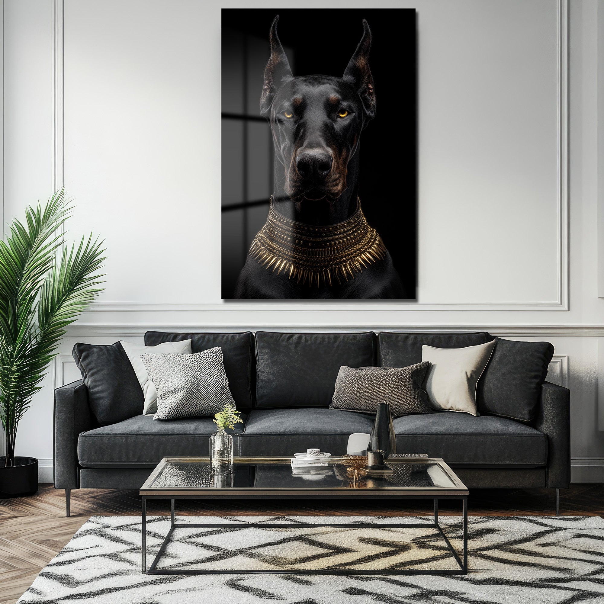 Asil Doberman Altın Yaka Cam Tablo - Güç ve Elegansın Simgesi