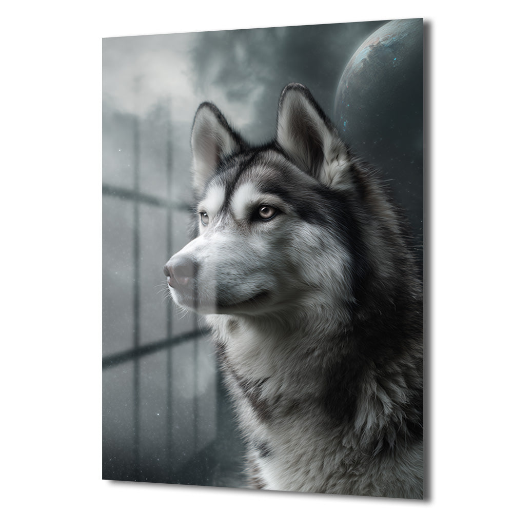 Gizemli Husky Bakışı Cam Tablo - Kurt Sanatı