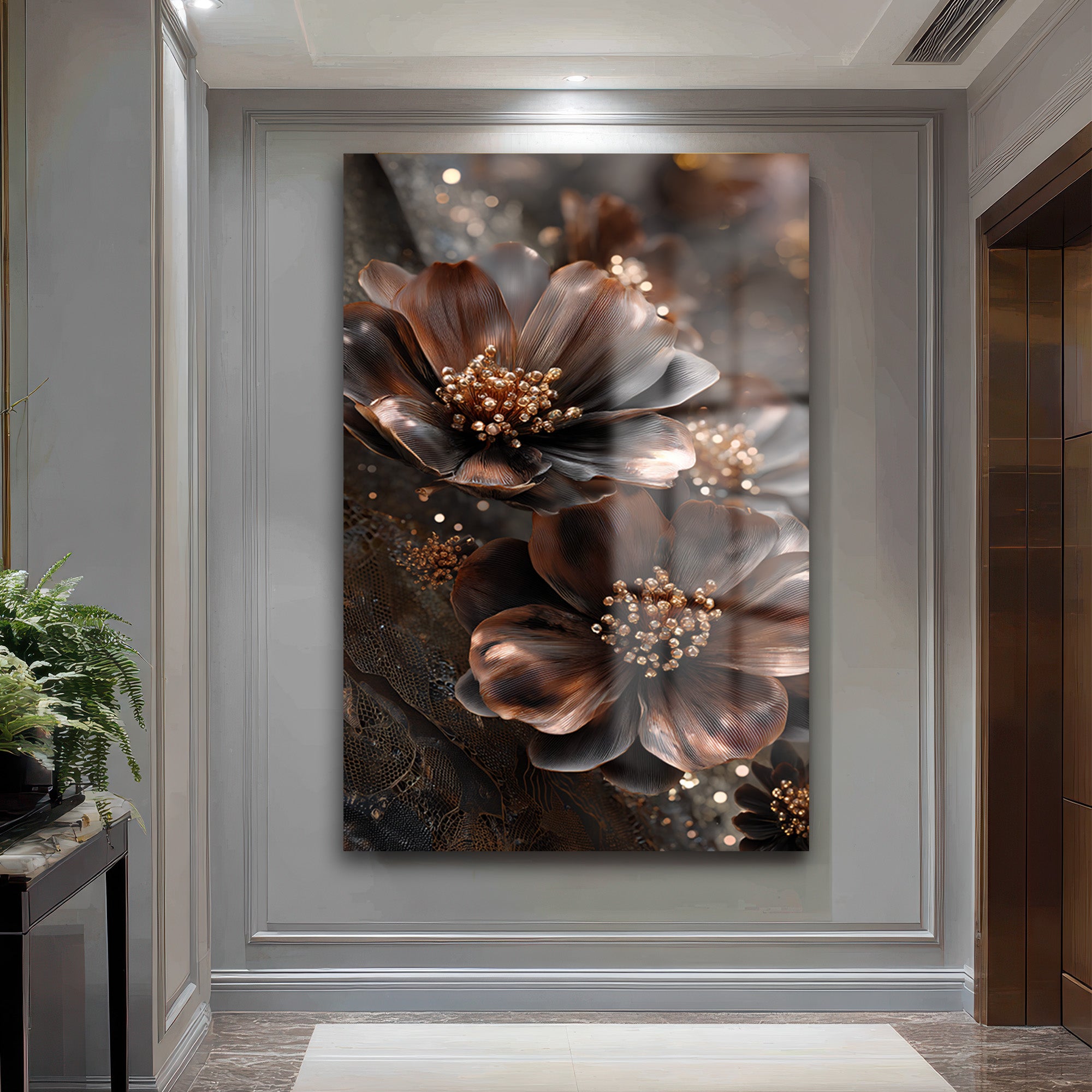 Lüks Bronz Çiçekler Cam Tablo | Modern Sanat Duvar Dekorasyonu