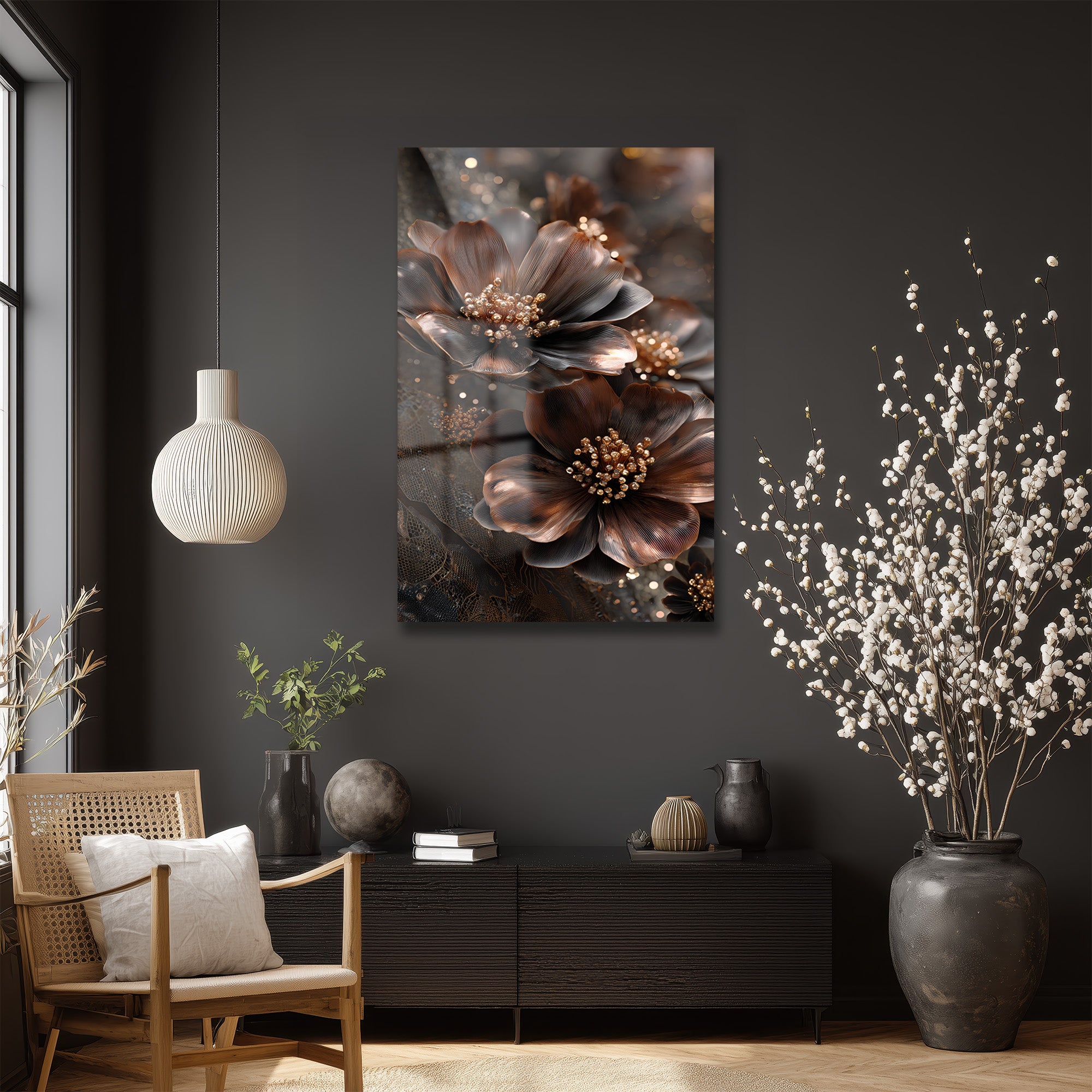 Lüks Bronz Çiçekler Cam Tablo | Modern Sanat Duvar Dekorasyonu