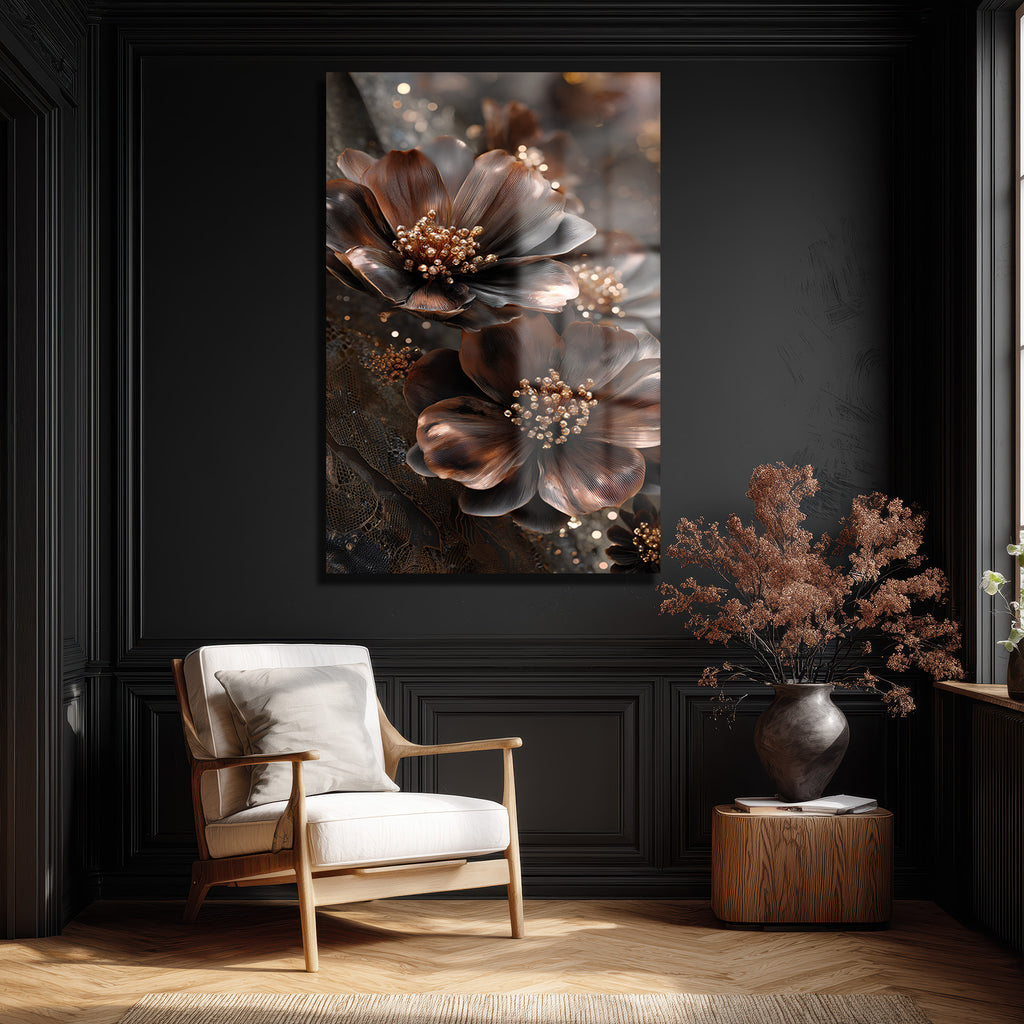 Lüks Bronz Çiçekler Cam Tablo | Modern Sanat Duvar Dekorasyonu
