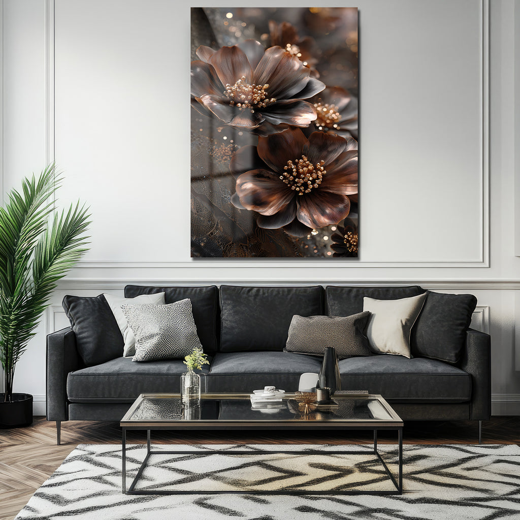Lüks Bronz Çiçekler Cam Tablo | Modern Sanat Duvar Dekorasyonu