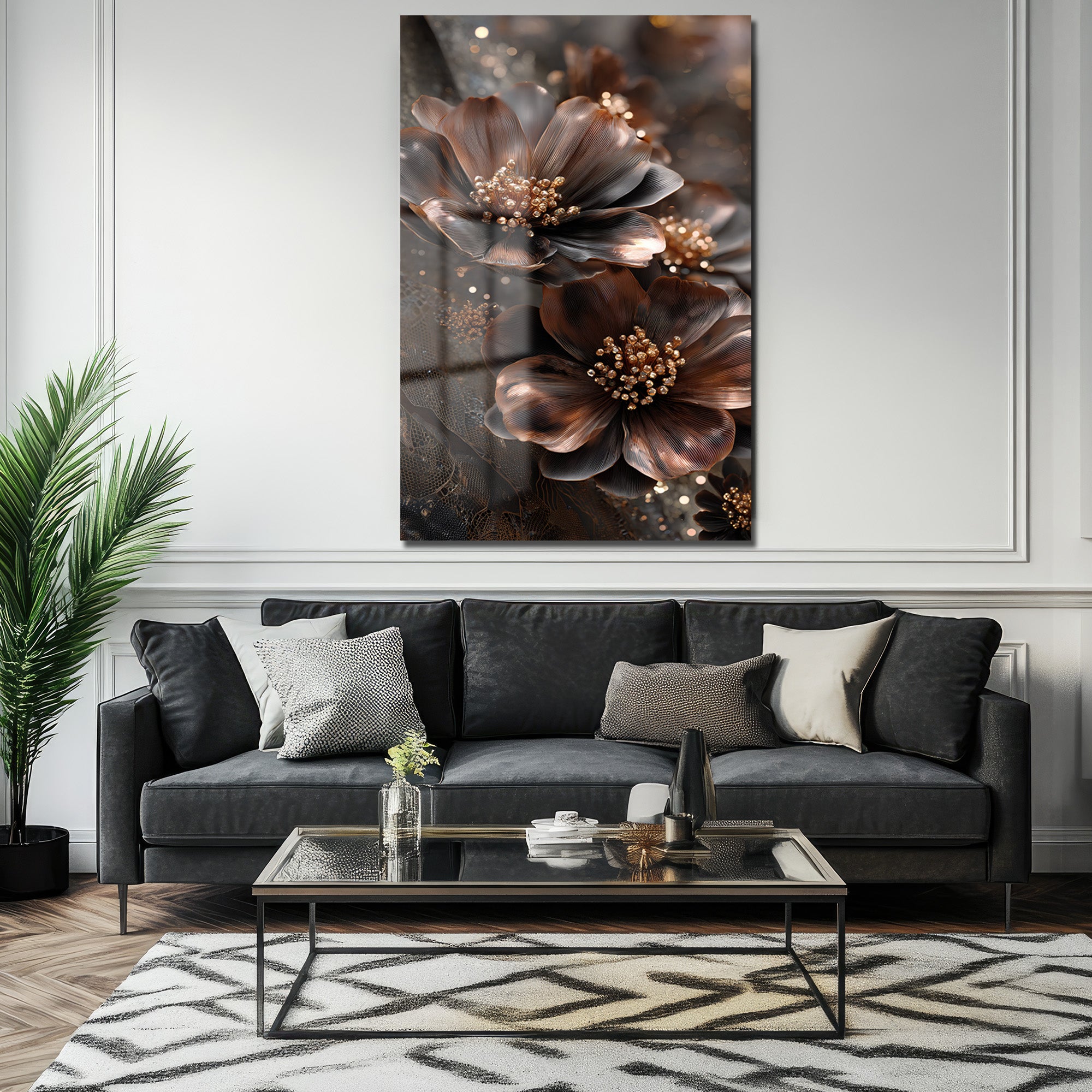 Lüks Bronz Çiçekler Cam Tablo | Modern Sanat Duvar Dekorasyonu
