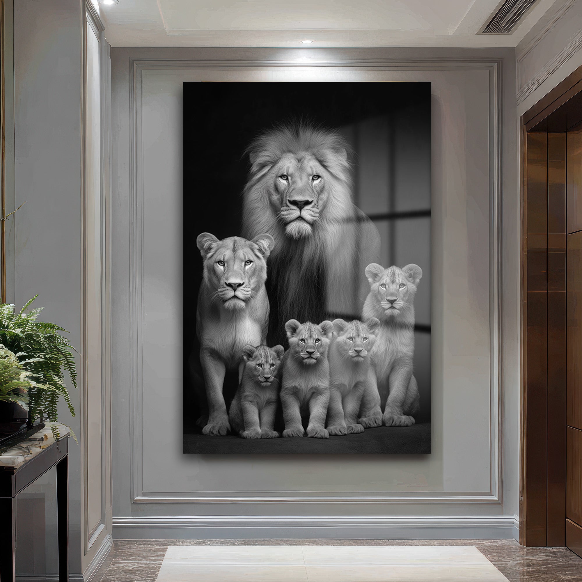 Aslan Ailesi Siyah Beyaz Sanat Cam Tablo